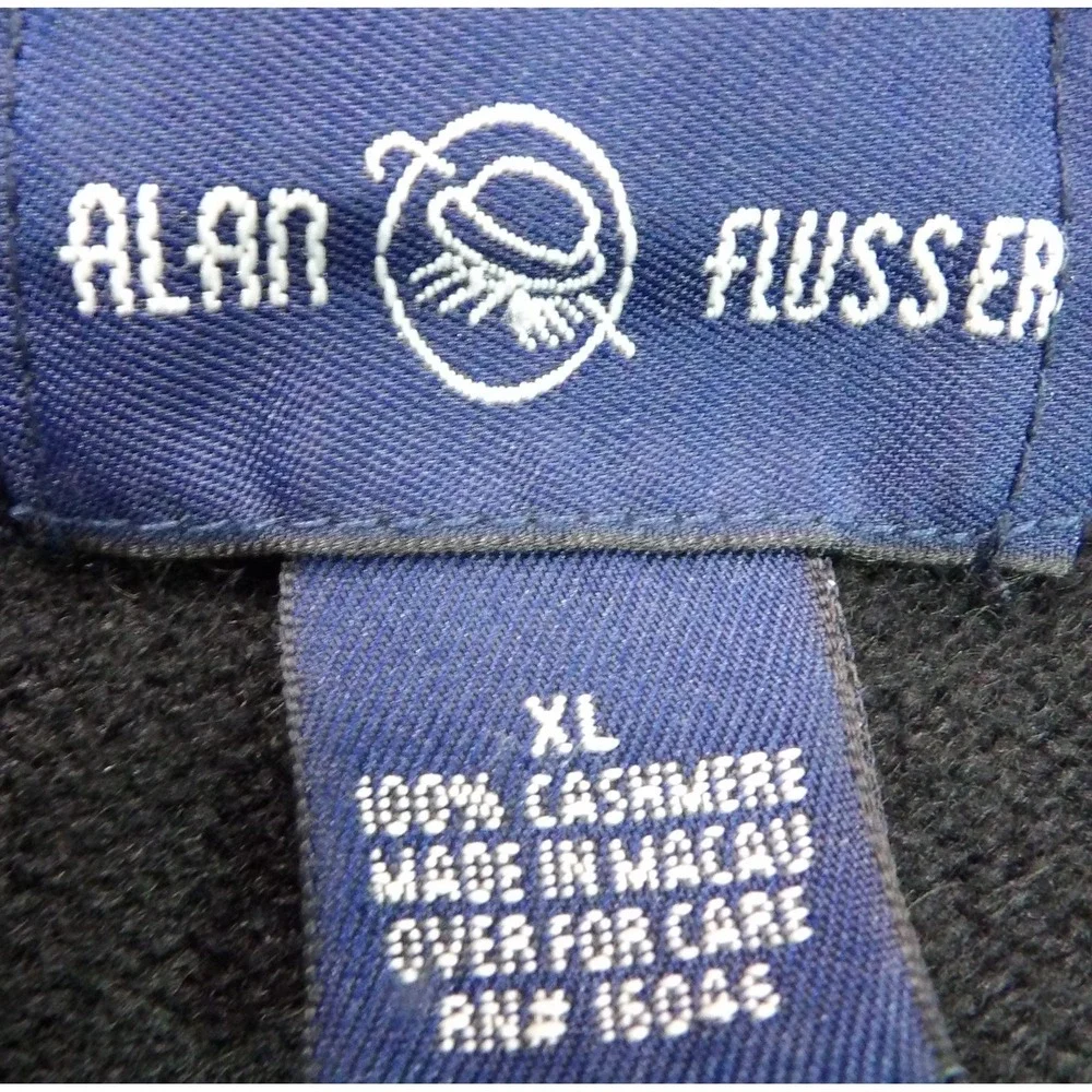 Alan Flusser Cashmere Polo Sweater Men XL Black Long Sleeve Button Neck Knit Top